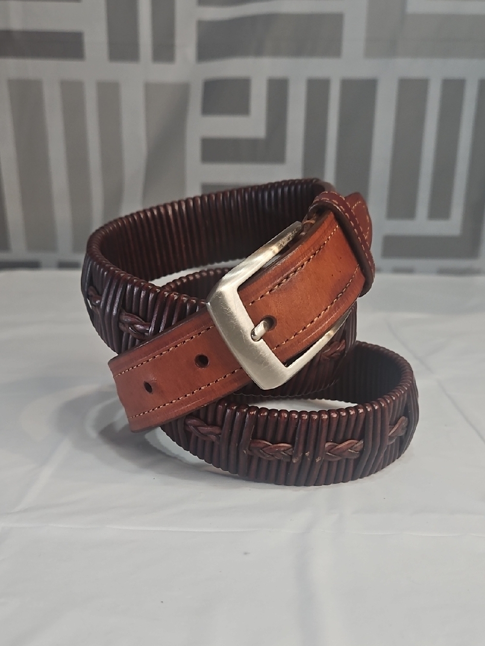 Columbia Brown Woven Leather Belt with Silver Buckle